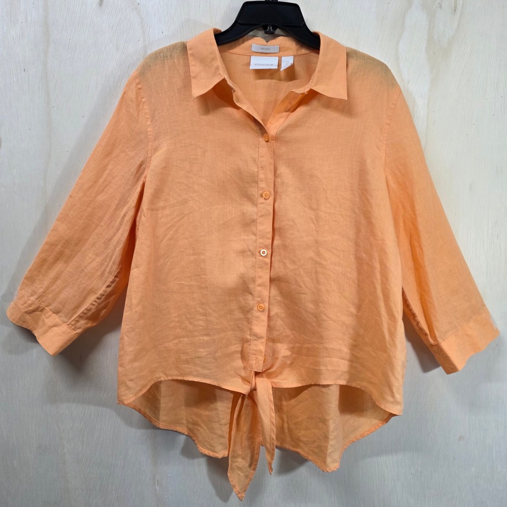 Chicos No-Iron 100% Linen Tie Front Button Down Top Peach Orange Size 2 L Large